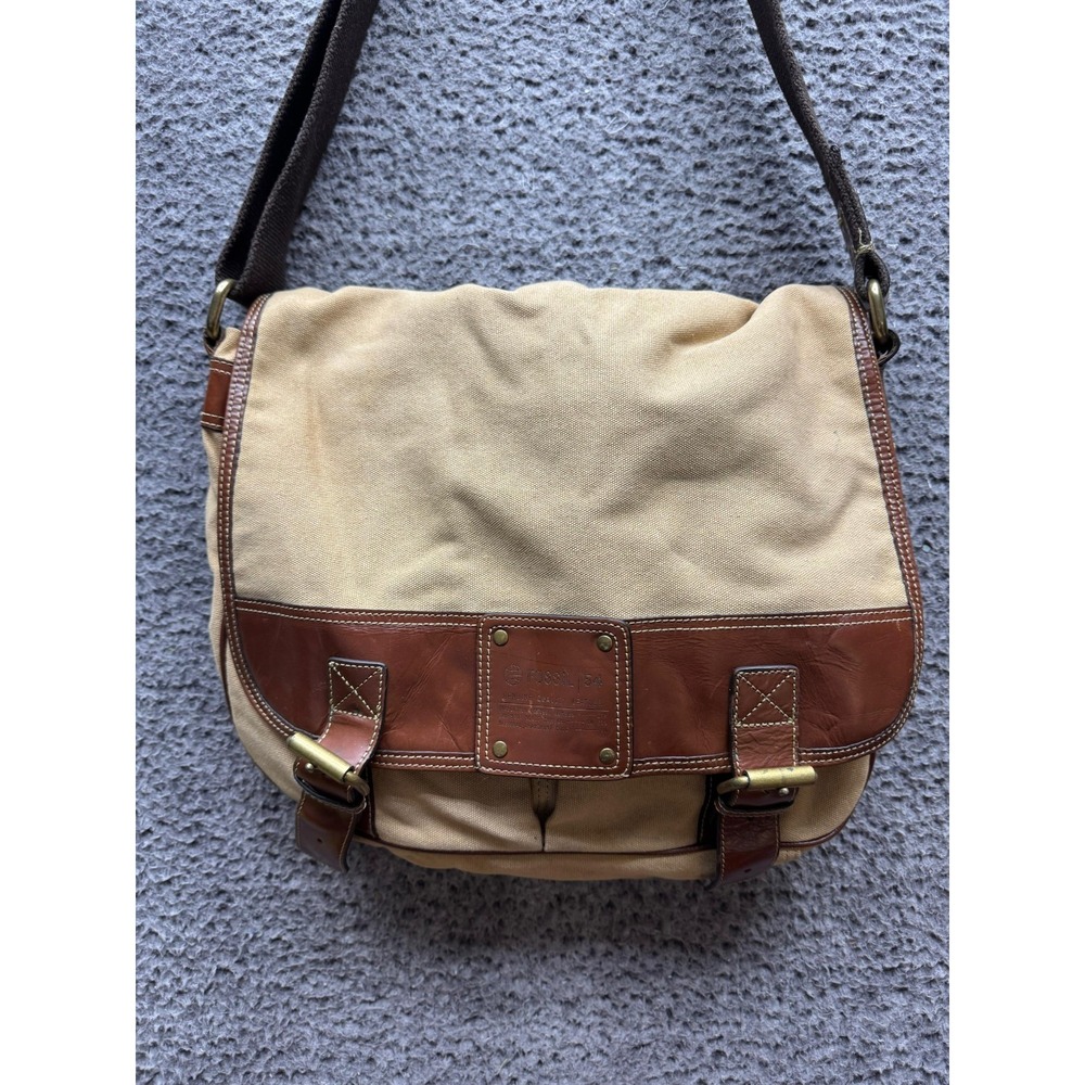 Fossil 54 Genuine Canvas Leather Trim Flap Crossbody Messenger Bag Beige Brown